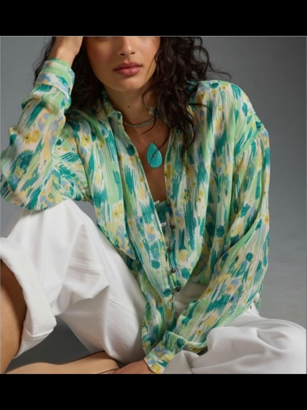 Pilcro Anthropologie Tavi Buttondown Blouse Green Abstract Ikat Print Size S
